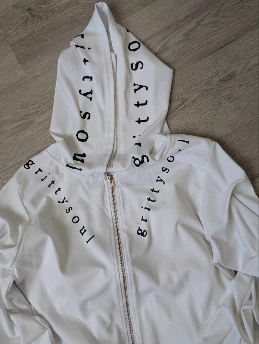 Gritty Soul White Hooded Zip-Up Tracksuit with Script Detail
